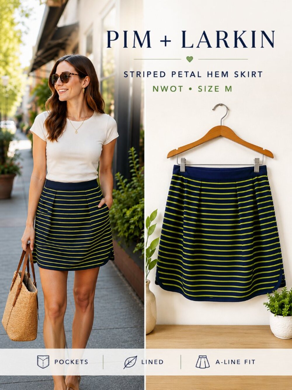 Pim + Larkin Striped Petal Hem Mini Skirt Navy Neon Pocketed M